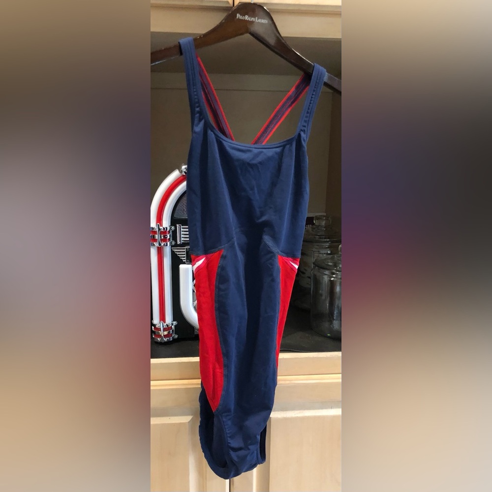 Speedo Endurance Navy Blue, Red and White Swimsuit Sz. 38 / 12